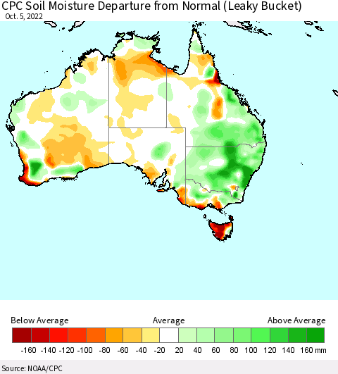 Australia CPC Soil Moisture Departure from Normal (Leaky Bucket) Thematic Map For 10/1/2022 - 10/5/2022