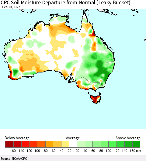 Australia CPC Soil Moisture Departure from Normal (Leaky Bucket) Thematic Map For 10/6/2022 - 10/10/2022