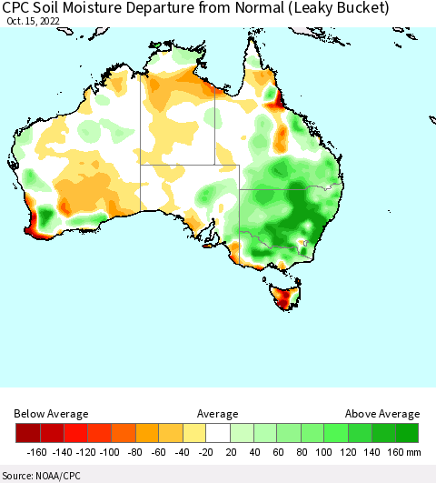 Australia CPC Soil Moisture Departure from Normal (Leaky Bucket) Thematic Map For 10/11/2022 - 10/15/2022