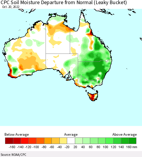Australia CPC Soil Moisture Departure from Normal (Leaky Bucket) Thematic Map For 10/16/2022 - 10/20/2022
