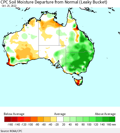 Australia CPC Soil Moisture Departure from Normal (Leaky Bucket) Thematic Map For 10/21/2022 - 10/25/2022