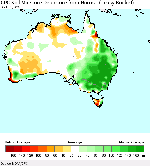 Australia CPC Soil Moisture Departure from Normal (Leaky Bucket) Thematic Map For 10/26/2022 - 10/31/2022