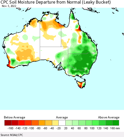 Australia CPC Soil Moisture Departure from Normal (Leaky Bucket) Thematic Map For 11/1/2022 - 11/5/2022