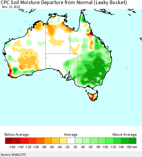 Australia CPC Soil Moisture Departure from Normal (Leaky Bucket) Thematic Map For 11/6/2022 - 11/10/2022