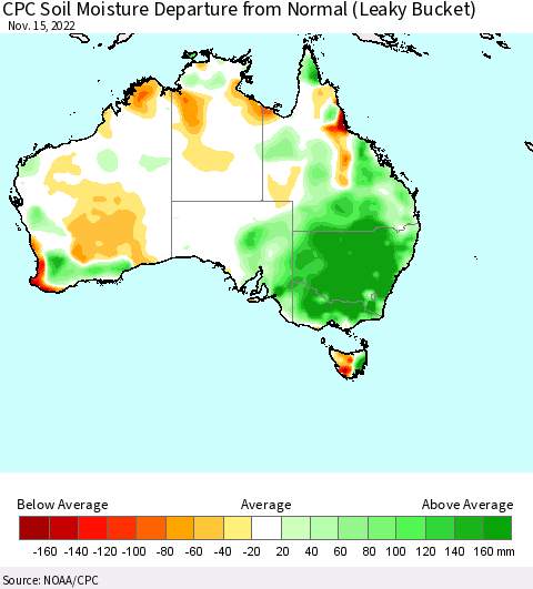 Australia CPC Soil Moisture Departure from Normal (Leaky Bucket) Thematic Map For 11/11/2022 - 11/15/2022