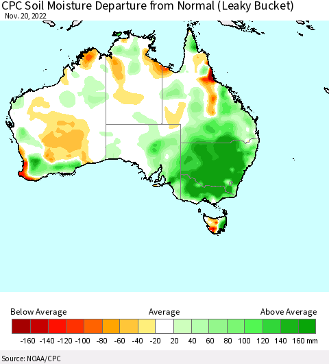 Australia CPC Soil Moisture Departure from Normal (Leaky Bucket) Thematic Map For 11/16/2022 - 11/20/2022