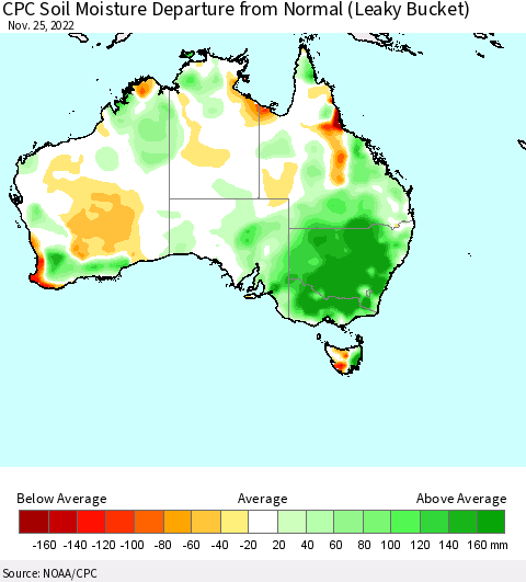 Australia CPC Soil Moisture Departure from Normal (Leaky Bucket) Thematic Map For 11/21/2022 - 11/25/2022