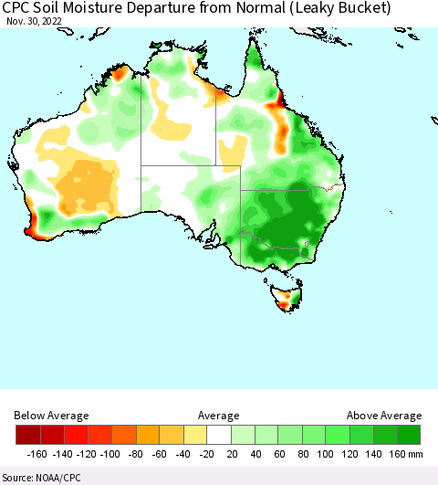 Australia CPC Soil Moisture Departure from Normal (Leaky Bucket) Thematic Map For 11/26/2022 - 11/30/2022
