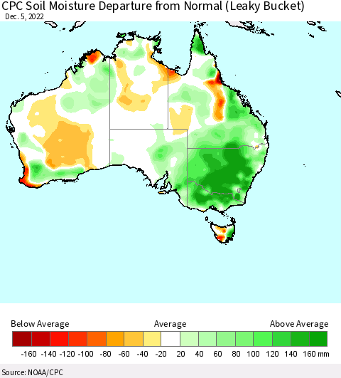 Australia CPC Soil Moisture Departure from Normal (Leaky Bucket) Thematic Map For 12/1/2022 - 12/5/2022