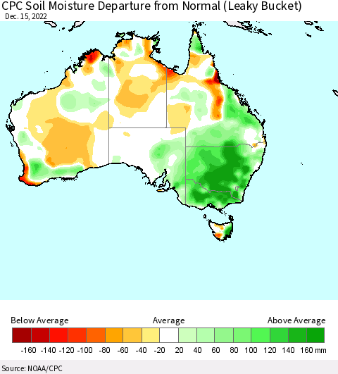 Australia CPC Soil Moisture Departure from Normal (Leaky Bucket) Thematic Map For 12/11/2022 - 12/15/2022