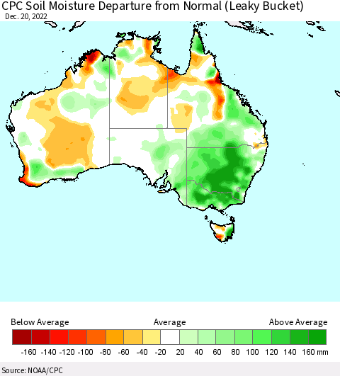 Australia CPC Soil Moisture Departure from Normal (Leaky Bucket) Thematic Map For 12/16/2022 - 12/20/2022
