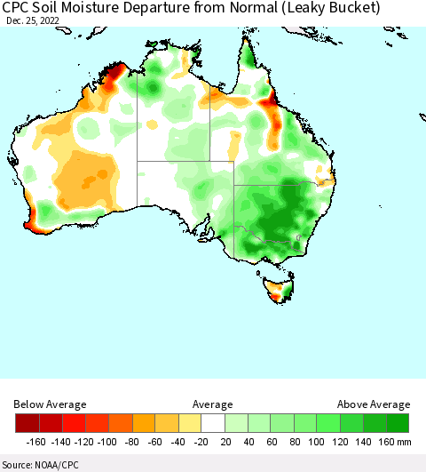 Australia CPC Soil Moisture Departure from Normal (Leaky Bucket) Thematic Map For 12/21/2022 - 12/25/2022