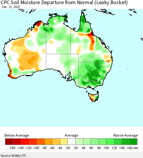 Australia CPC Soil Moisture Departure from Normal (Leaky Bucket) Thematic Map For 12/26/2022 - 12/31/2022