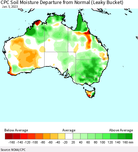 Australia CPC Soil Moisture Departure from Normal (Leaky Bucket) Thematic Map For 1/1/2023 - 1/5/2023