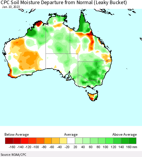 Australia CPC Soil Moisture Departure from Normal (Leaky Bucket) Thematic Map For 1/6/2023 - 1/10/2023