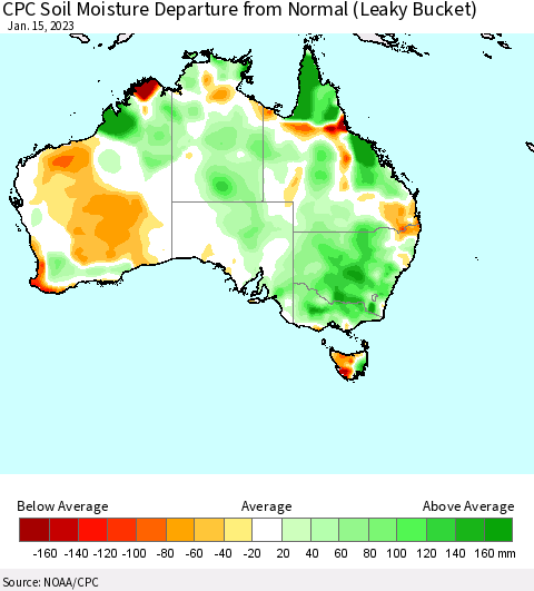 Australia CPC Soil Moisture Departure from Normal (Leaky Bucket) Thematic Map For 1/11/2023 - 1/15/2023