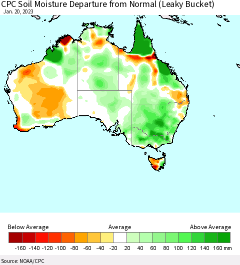 Australia CPC Soil Moisture Departure from Normal (Leaky Bucket) Thematic Map For 1/16/2023 - 1/20/2023