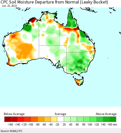 Australia CPC Soil Moisture Departure from Normal (Leaky Bucket) Thematic Map For 1/21/2023 - 1/25/2023
