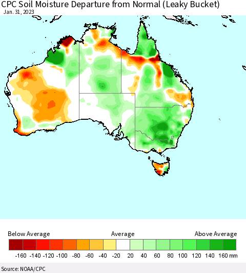 Australia CPC Soil Moisture Departure from Normal (Leaky Bucket) Thematic Map For 1/26/2023 - 1/31/2023