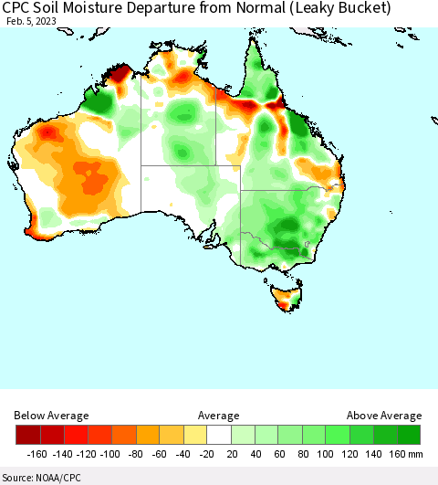 Australia CPC Soil Moisture Departure from Normal (Leaky Bucket) Thematic Map For 2/1/2023 - 2/5/2023