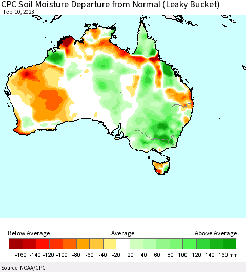 Australia CPC Soil Moisture Departure from Normal (Leaky Bucket) Thematic Map For 2/6/2023 - 2/10/2023