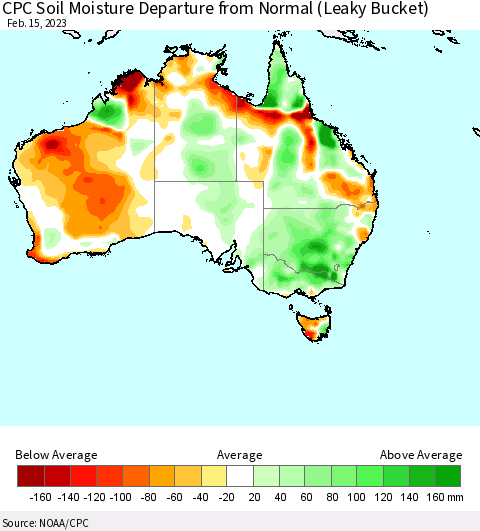 Australia CPC Soil Moisture Departure from Normal (Leaky Bucket) Thematic Map For 2/11/2023 - 2/15/2023