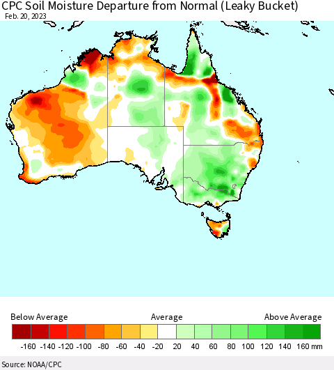Australia CPC Soil Moisture Departure from Normal (Leaky Bucket) Thematic Map For 2/16/2023 - 2/20/2023