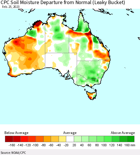 Australia CPC Soil Moisture Departure from Normal (Leaky Bucket) Thematic Map For 2/21/2023 - 2/25/2023