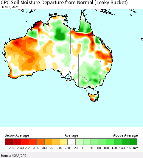 Australia CPC Soil Moisture Departure from Normal (Leaky Bucket) Thematic Map For 3/1/2023 - 3/5/2023