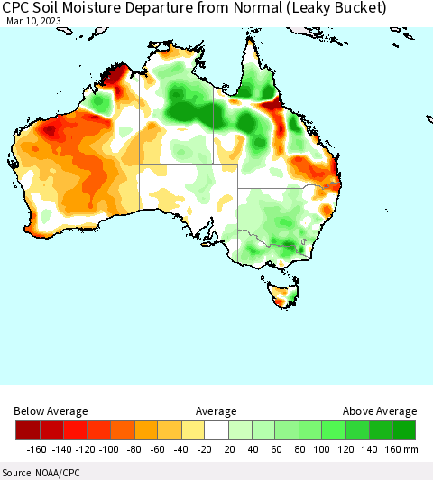 Australia CPC Soil Moisture Departure from Normal (Leaky Bucket) Thematic Map For 3/6/2023 - 3/10/2023