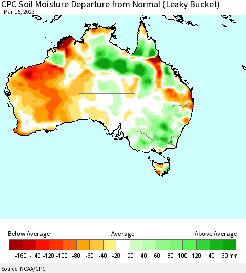 Australia CPC Soil Moisture Departure from Normal (Leaky Bucket) Thematic Map For 3/11/2023 - 3/15/2023