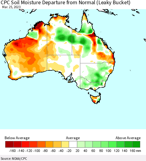 Australia CPC Soil Moisture Departure from Normal (Leaky Bucket) Thematic Map For 3/21/2023 - 3/25/2023