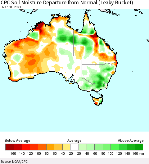 Australia CPC Soil Moisture Departure from Normal (Leaky Bucket) Thematic Map For 3/26/2023 - 3/31/2023