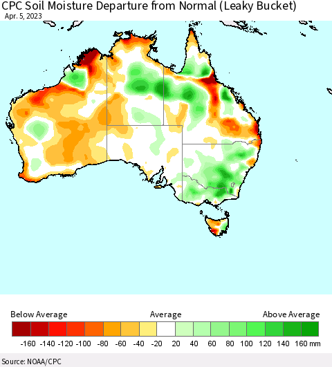 Australia CPC Soil Moisture Departure from Normal (Leaky Bucket) Thematic Map For 4/1/2023 - 4/5/2023