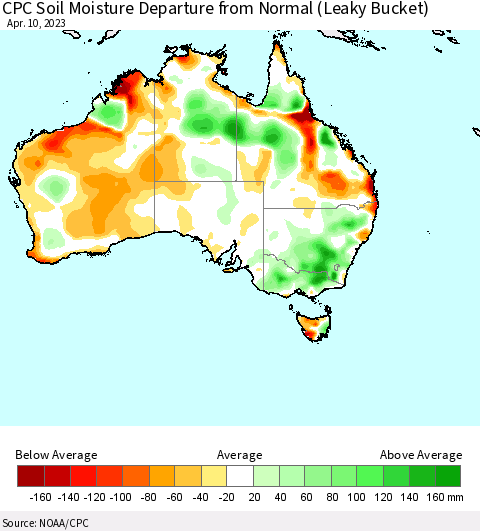 Australia CPC Soil Moisture Departure from Normal (Leaky Bucket) Thematic Map For 4/6/2023 - 4/10/2023