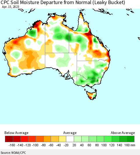 Australia CPC Soil Moisture Departure from Normal (Leaky Bucket) Thematic Map For 4/11/2023 - 4/15/2023