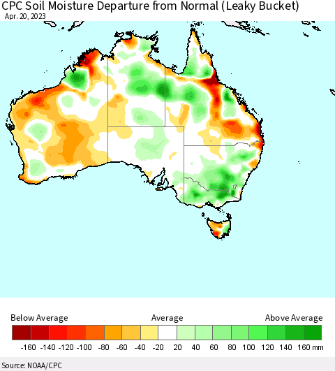 Australia CPC Soil Moisture Departure from Normal (Leaky Bucket) Thematic Map For 4/16/2023 - 4/20/2023