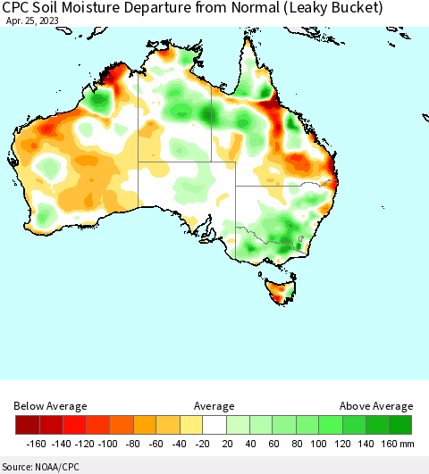Australia CPC Soil Moisture Departure from Normal (Leaky Bucket) Thematic Map For 4/21/2023 - 4/25/2023