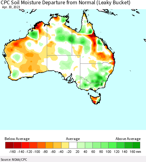 Australia CPC Soil Moisture Departure from Normal (Leaky Bucket) Thematic Map For 4/26/2023 - 4/30/2023