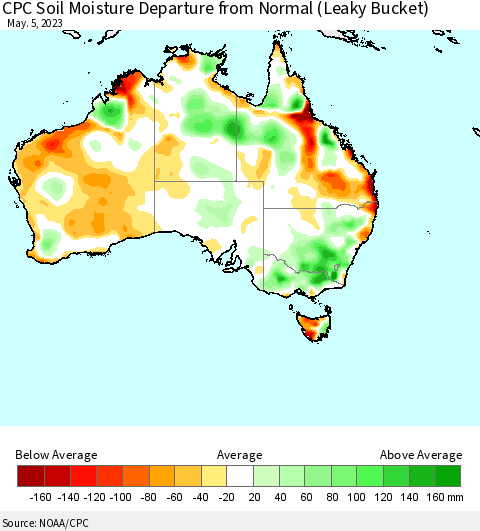 Australia CPC Soil Moisture Departure from Normal (Leaky Bucket) Thematic Map For 5/1/2023 - 5/5/2023