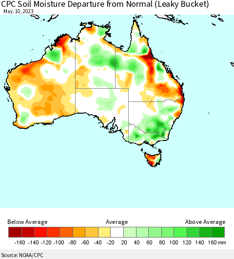 Australia CPC Soil Moisture Departure from Normal (Leaky Bucket) Thematic Map For 5/6/2023 - 5/10/2023