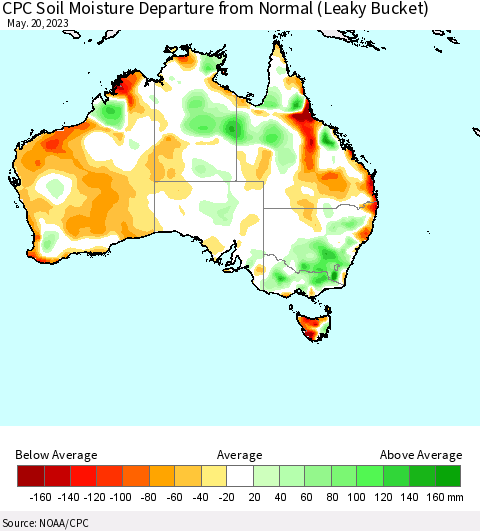 Australia CPC Soil Moisture Departure from Normal (Leaky Bucket) Thematic Map For 5/16/2023 - 5/20/2023