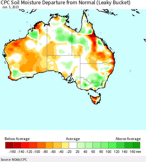 Australia CPC Soil Moisture Departure from Normal (Leaky Bucket) Thematic Map For 6/1/2023 - 6/5/2023