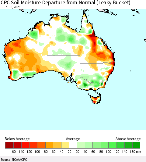 Australia CPC Soil Moisture Departure from Normal (Leaky Bucket) Thematic Map For 6/26/2023 - 6/30/2023