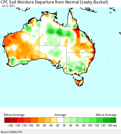 Australia CPC Soil Moisture Departure from Normal (Leaky Bucket) Thematic Map For 7/1/2023 - 7/5/2023