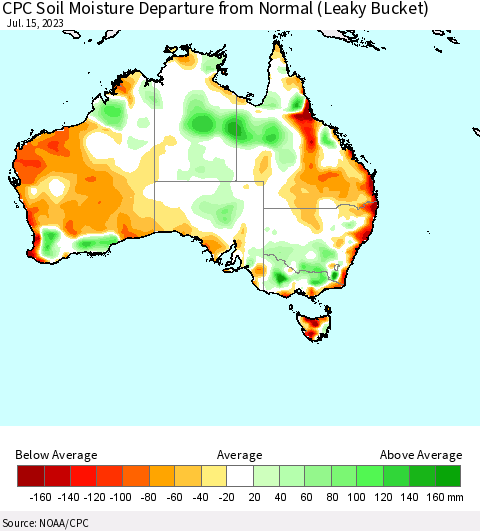 Australia CPC Soil Moisture Departure from Normal (Leaky Bucket) Thematic Map For 7/11/2023 - 7/15/2023