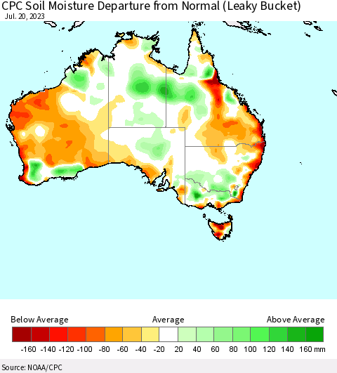 Australia CPC Soil Moisture Departure from Normal (Leaky Bucket) Thematic Map For 7/16/2023 - 7/20/2023