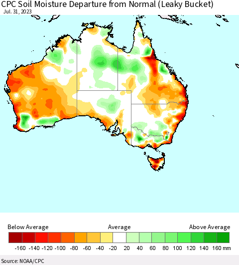 Australia CPC Soil Moisture Departure from Normal (Leaky Bucket) Thematic Map For 7/26/2023 - 7/31/2023
