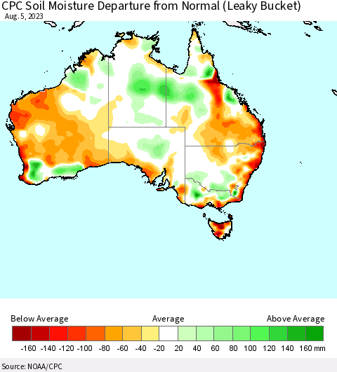 Australia CPC Soil Moisture Departure from Normal (Leaky Bucket) Thematic Map For 8/1/2023 - 8/5/2023