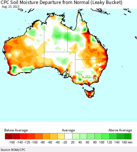 Australia CPC Soil Moisture Departure from Normal (Leaky Bucket) Thematic Map For 8/21/2023 - 8/25/2023